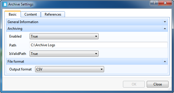 Archive Settings Basic properties tab
