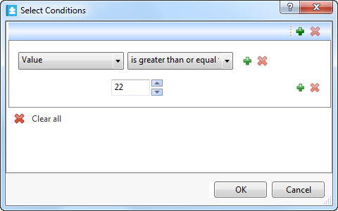 The Select Conditions dialog box when value is set to be between 22 and 100
