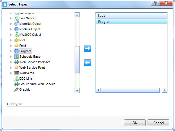 The Select types dialog box when all objet types of the categories Plain English and Function Block is selected. 
