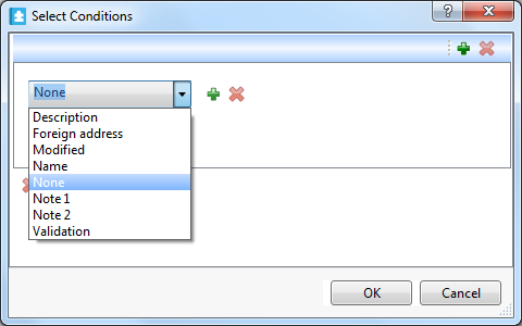 ​The Select Conditions dialog box when no object type is selected in the Include types dialog box.
