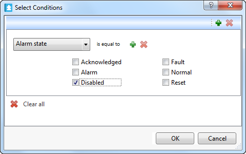 ​The properties available in the Select Conditions dialog box when alarm is selected in the Include types dialog box.
