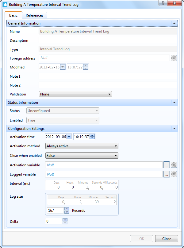 The Properties tab for a trend log. 
