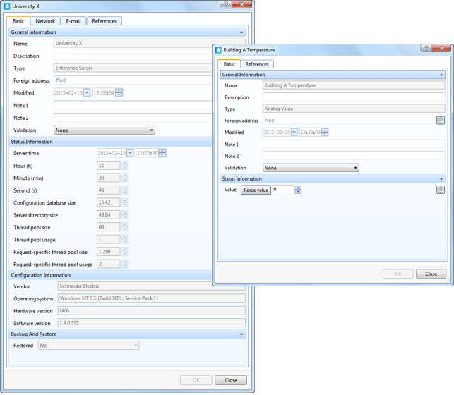 A SmartStruxure server object with three properties tabs (left) and a value with only the basic properties tab.
