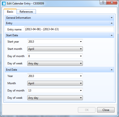 Edit Calendar Entry dialog box - date range
