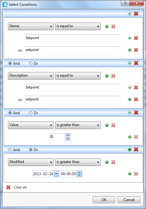 You can combine different search criteria in conditions groups to further refine your search.
