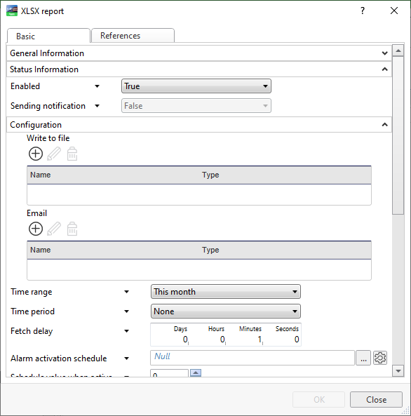 XLSX Report Dialog Box – Basic tab
