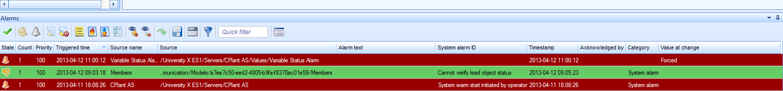 The text in the Value at change column shows that the status of the variable is forced
