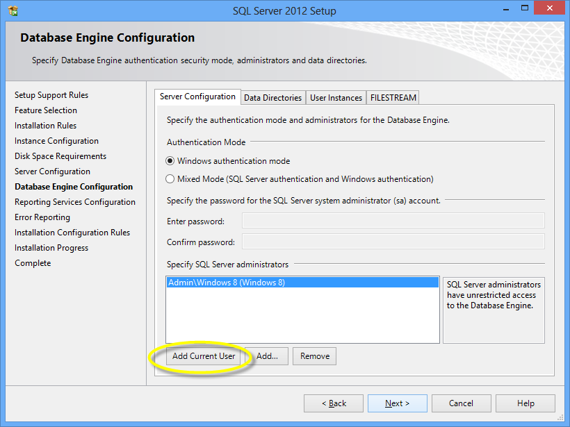 SQL database engine configuration 
