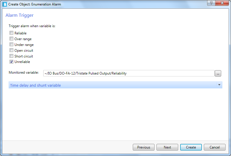 Alarm wizard example when creating an enumeration alarm that monitors the reliability enumeration value of an I/O variable.
