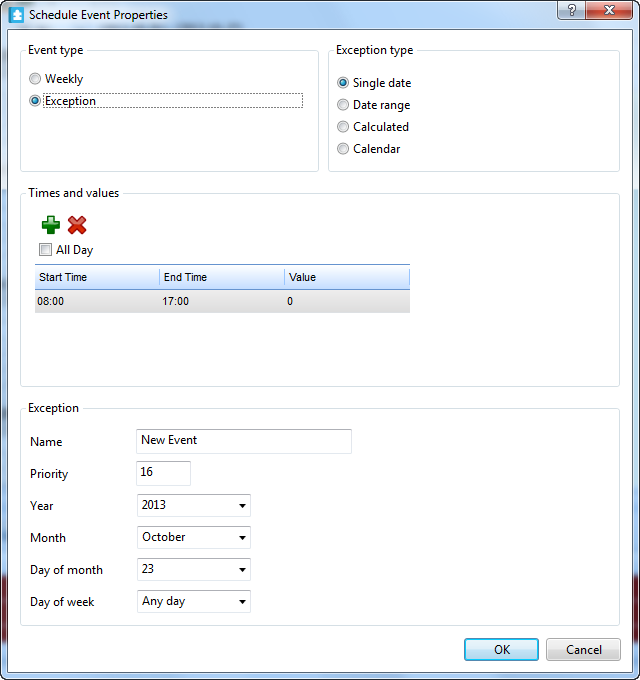 Schedule Event Properties dialog box - Single date exception view
