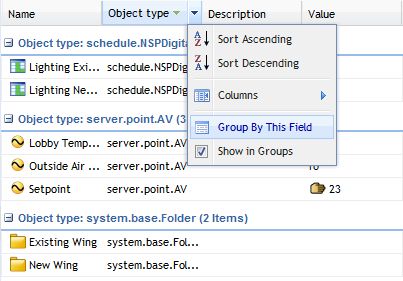 Objects grouped by object type
