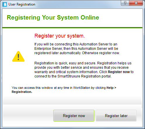 Registering your system online window
