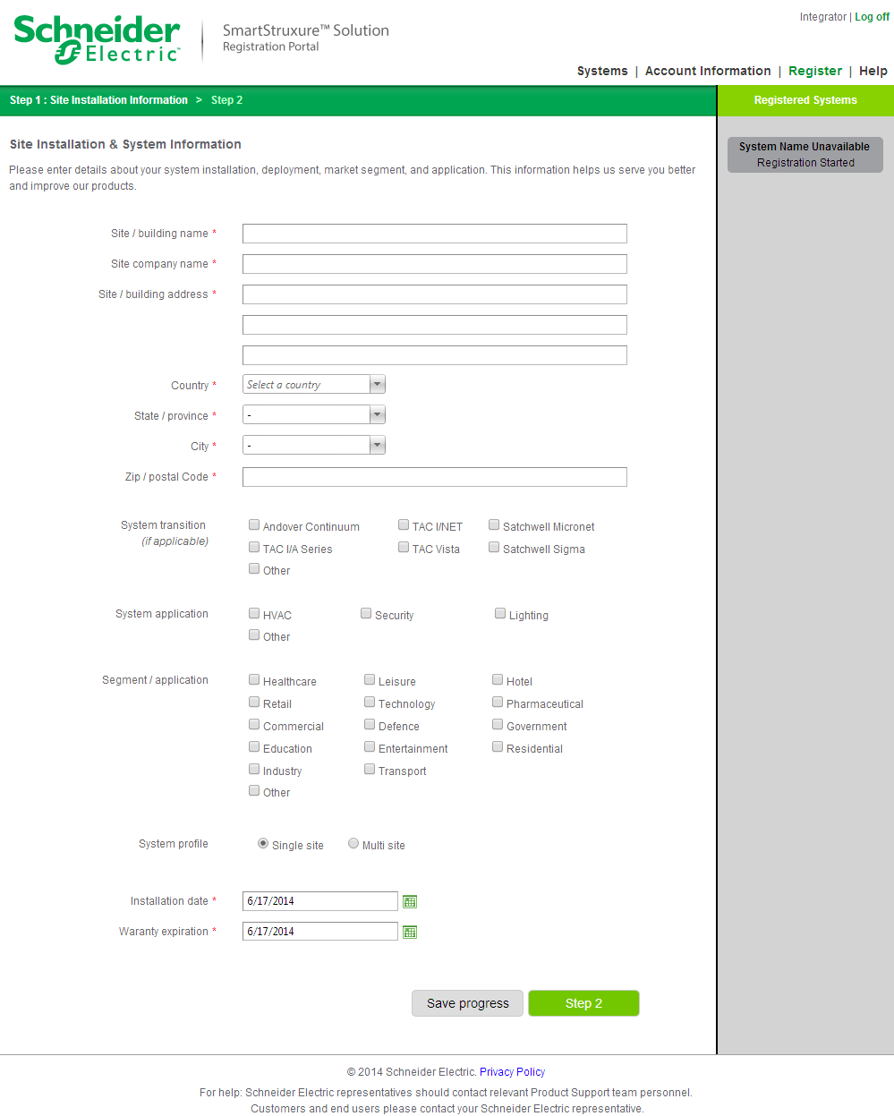 Página de información de instalación del sitio
