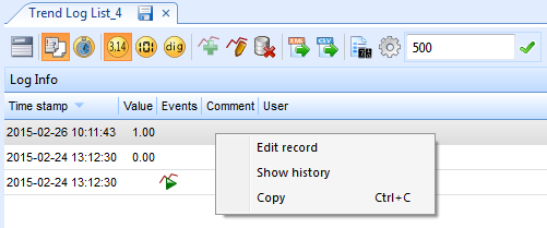 Trend log list shortcut menu
