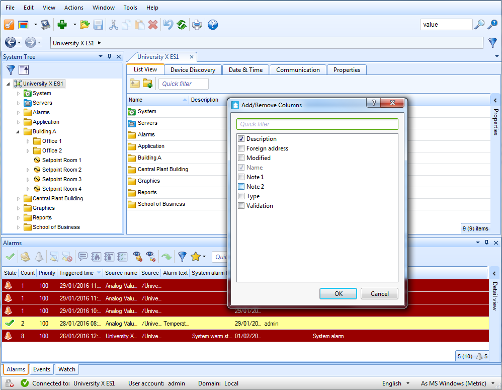 The Add/Remove Columns dialog box in WorkStation
