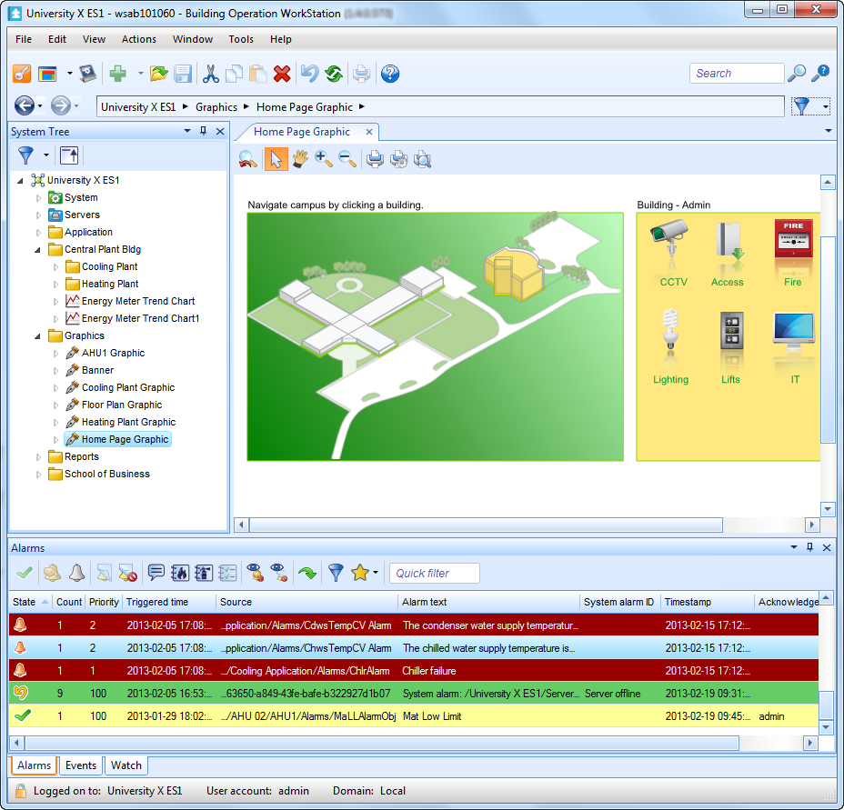 Docked panes. System Tree pane (left), a graphic in the Work area (right) and the Alarms pane (bottom).
