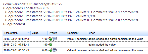 Trend log list exported to an .XML file
