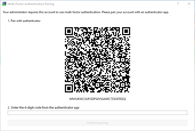 Multi-factor authentication pairing dialog box
