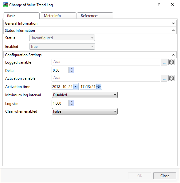 Change of value trend log properties - Basic tab
