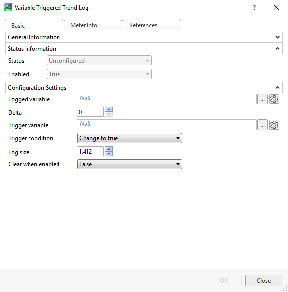 Variable triggered trend log properties - Basic tab
