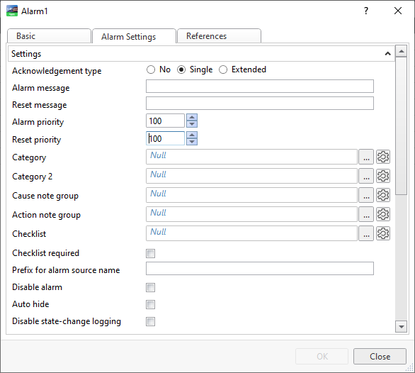 Function block program internal alarm properties - alarm settings tab
