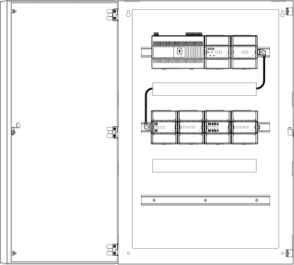 Devices installed on separate, horizontal rails and connected using an S-cable

