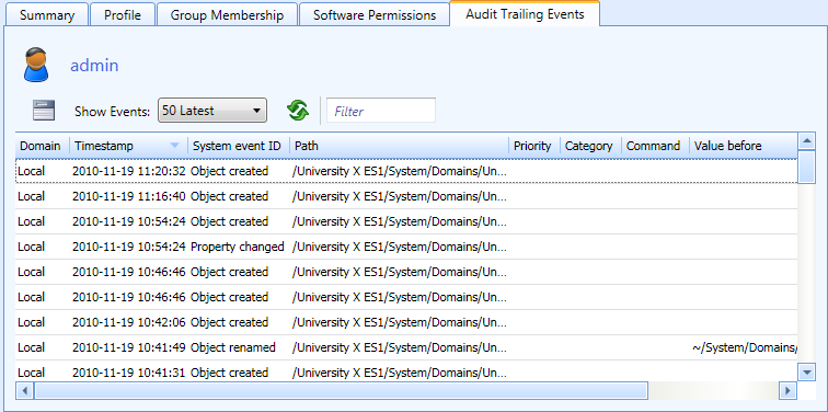 Audit trailing events tab
