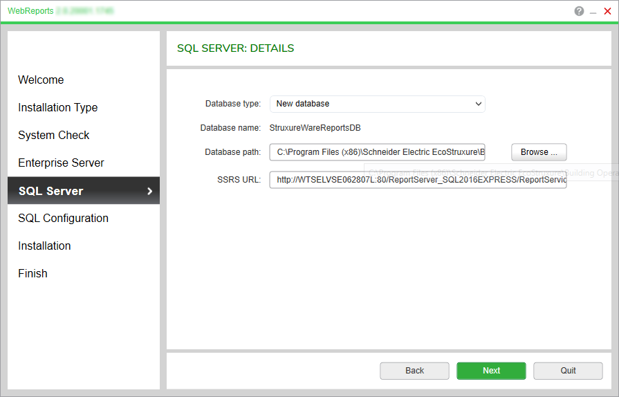 WebReports Installer - SQL Server: Details Page