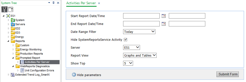 Prompted Report in the System Tree pane
