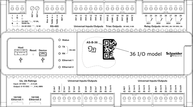 Screw terminals and other connectors, AS-B server with 36 I/O points
