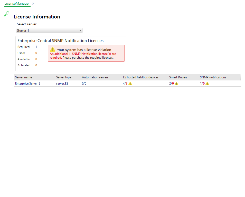 License Information Enterprise Central dialog box 
