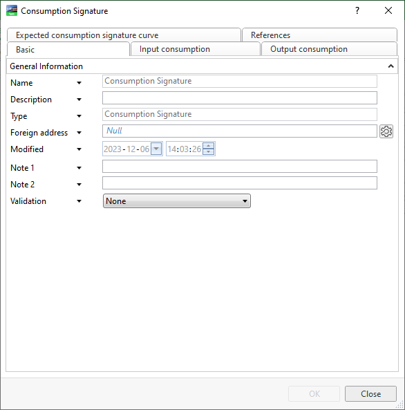 Consumption Signature - basic tab
