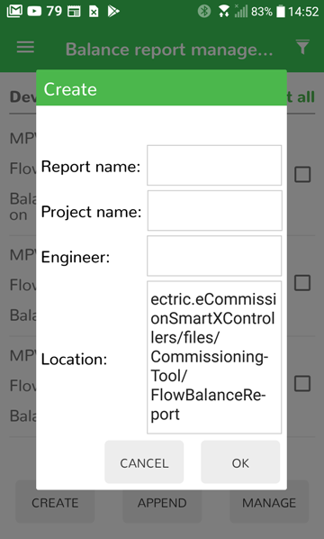 eCommission Application Create Flow Balance Report Dialog Box
