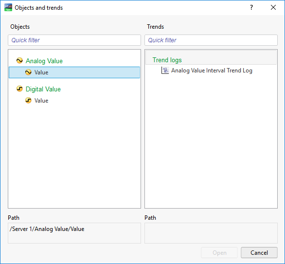 Objects and trends dialog box when you have selected several objects, properties, or graphic components or groups containing bound properties.
