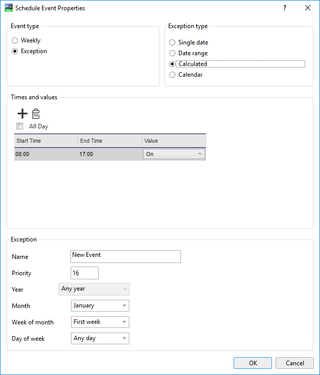 Schedule Event Properties dialog box - Calculated exception view
