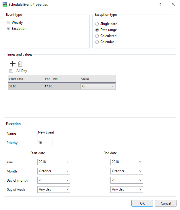 Schedule Event Properties dialog box - Date range exception view
