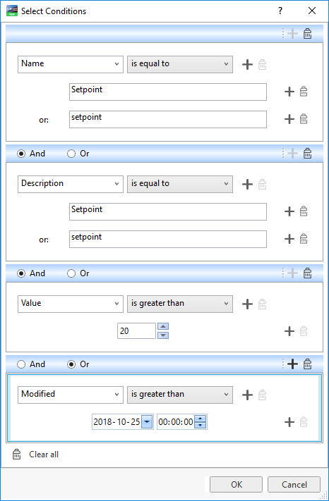 You can combine different search criteria in conditions groups to further refine your search.
