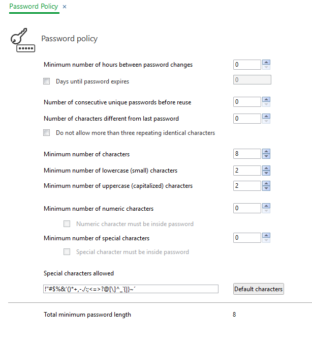 Password Policy view
