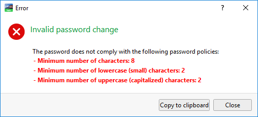 Invalid password change dialog box
