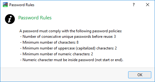 Password Rules dialog box 
