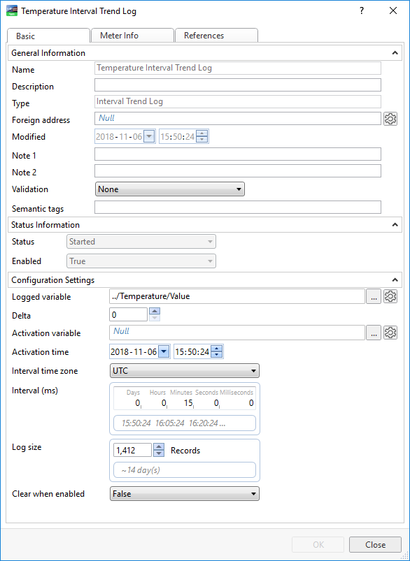 The Properties tab for a trend log. 
