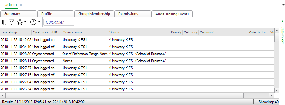 Audit trailing events tab
