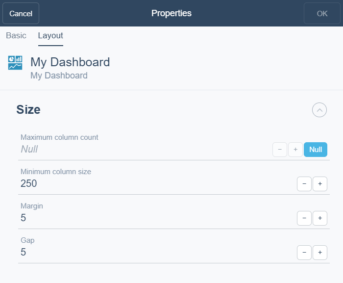 Dashboard Properties – Layout tab
