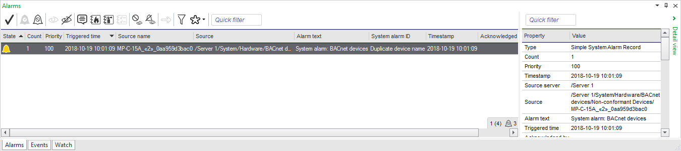 The Alarm Detail view (to the right) in WorkStation 
