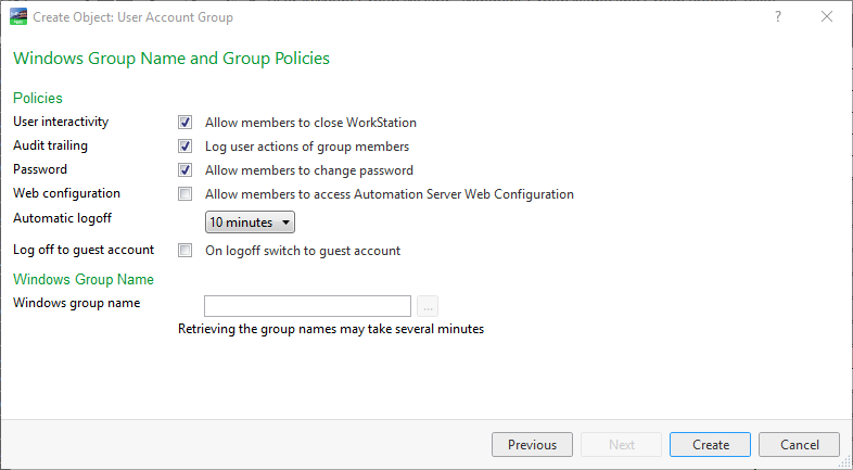 Windows group name and group policies page
