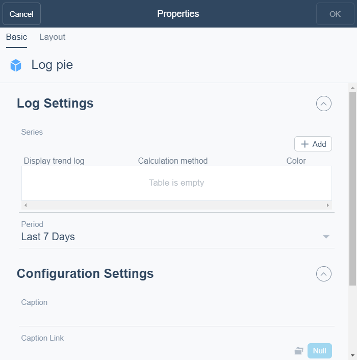 Log pie properties dialog box
