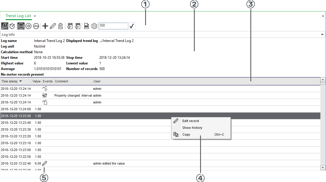 Trend log list view
