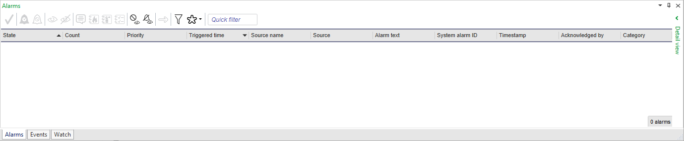 Triggered, reset, and acknowledged alarms presented in Alarms pane 