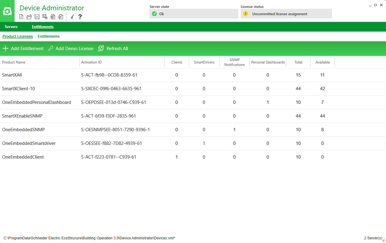 Entitlements Product Licenses view 
