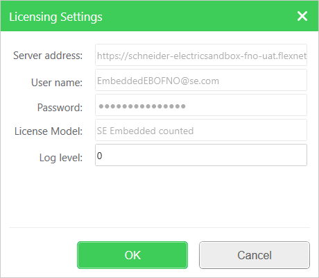 License settings dialog box
